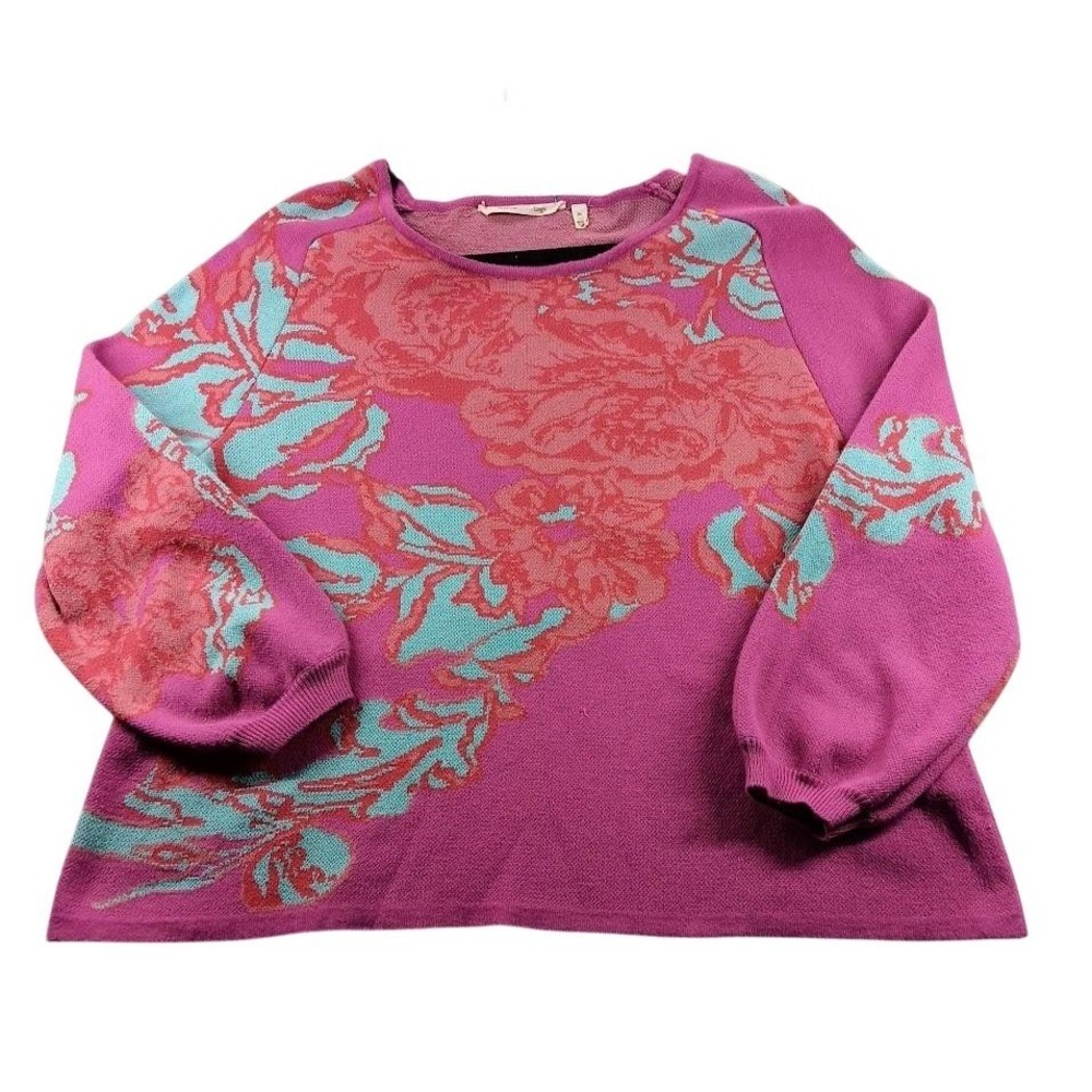 Soft Surroundings Sweater Womens PL Pink Floral Raglan Crewneck Pullover Knit